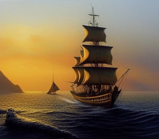 48013-1979201328-a hyper detailed realistic painting of an (elven) wooden sailboat galleon on an azur ocean at sunset, (sailing toward a distant.webp